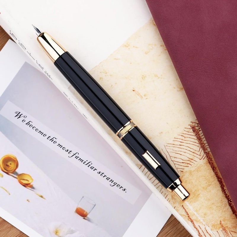 erofa Majohn A1 Press Fountain Pen Fine Nib with Converter, Retractable Black Golden Writing Set (No Clip Version) - Image 1
